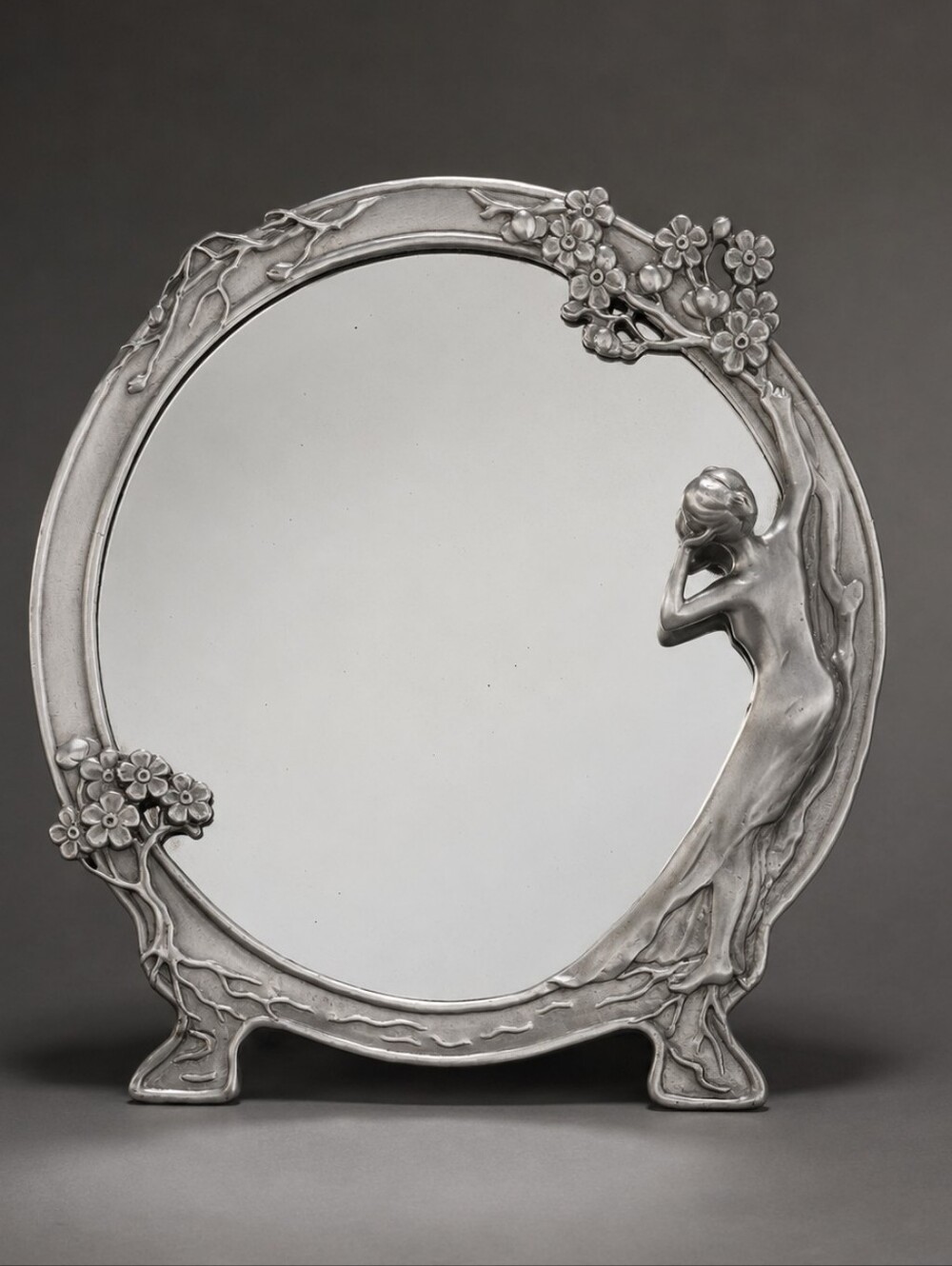 Art Nouveau Revival Maiden Floral Silver Tone Vanity Mirror 8"